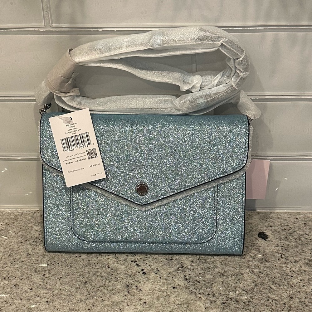 ✨NWT✨ Kate Spade Frosted Sky Tinsel Flap Crossbody Bag Blue With Silver Chain